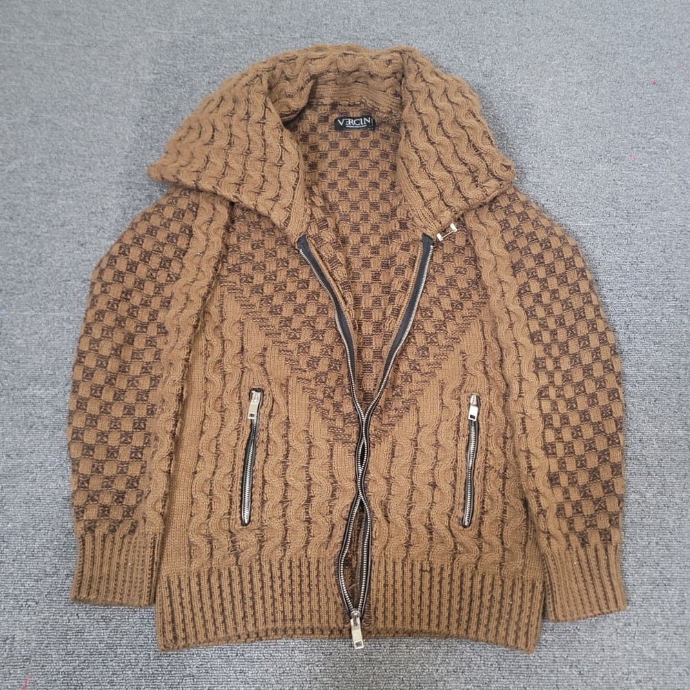Vercini Size XL Full Zip Buckle Cardigan Mens Brown Cable Knit Sweater - Picture 5 of 10